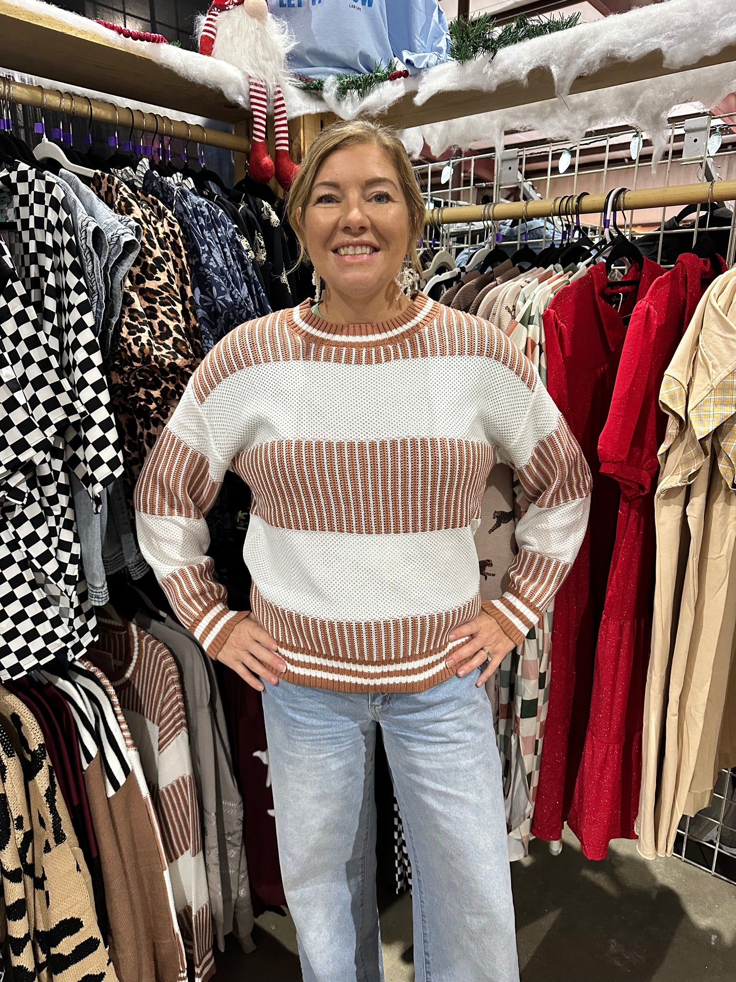 Winter-Tan and white sweater
