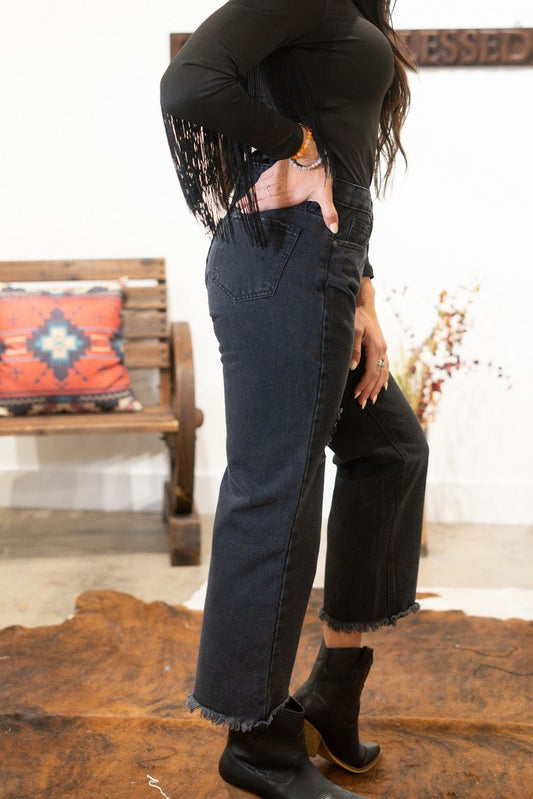 Black Distressed Ankle Flare Jeans